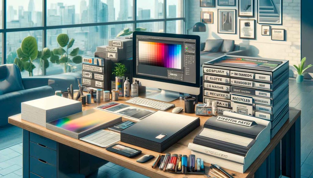 Escritorio de diseñador grafico con variedad de papeles para impresión