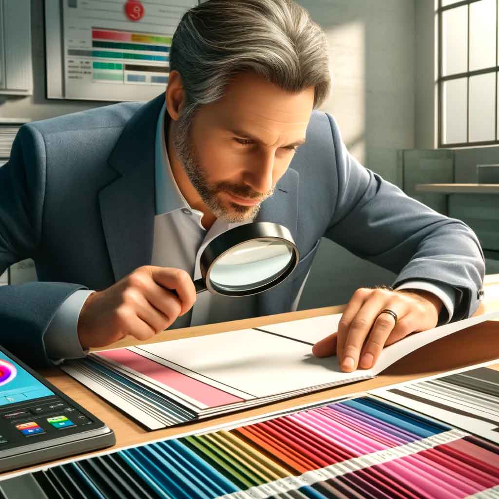 Hombre examinando muestras de papel con lupa en un escritorio de diseño gráfico