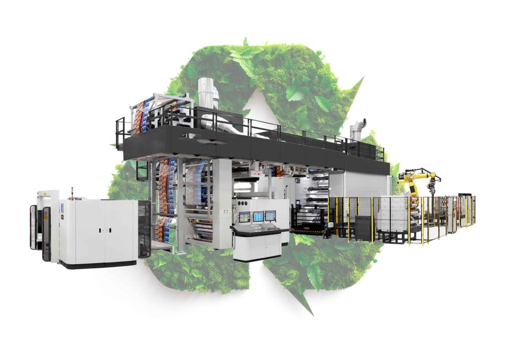 Planta de impresión flexográfica con marco de hojas verdes simbolizando sostenibilidad.