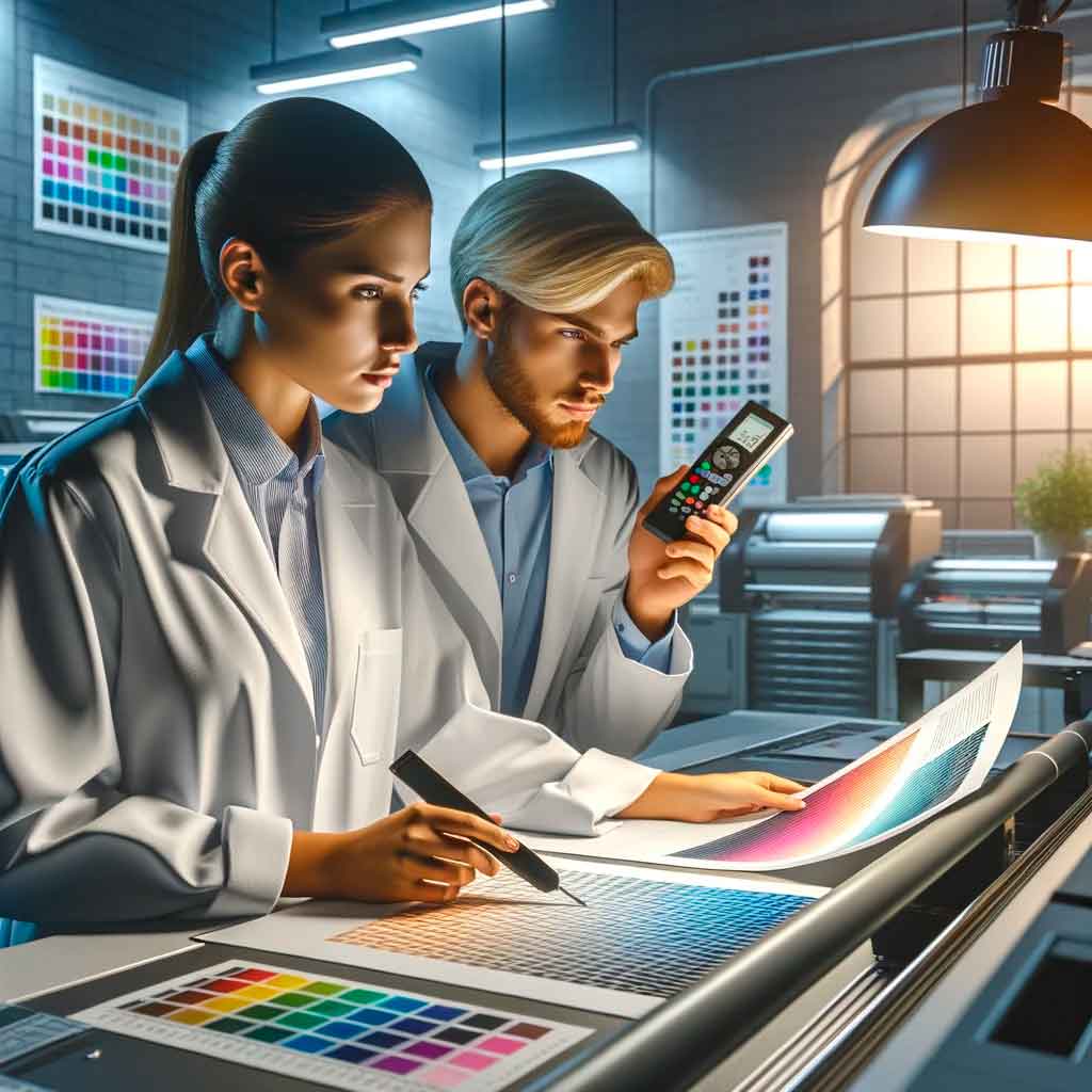 Profesionales de Artes Graficas evaluando la precisión del color en impresiones.