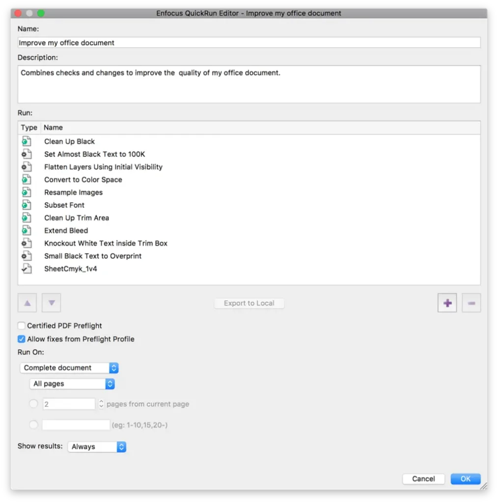 Configuración del editor Acciones en Enfocus PitStop Pro para optimizar documentos PDF
