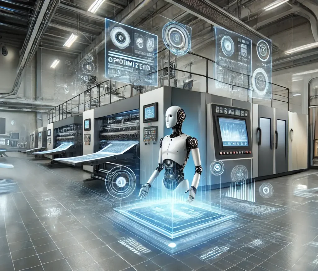 Futurística prensa de imprenta con Inteligencia Artificial optimizando procesos.