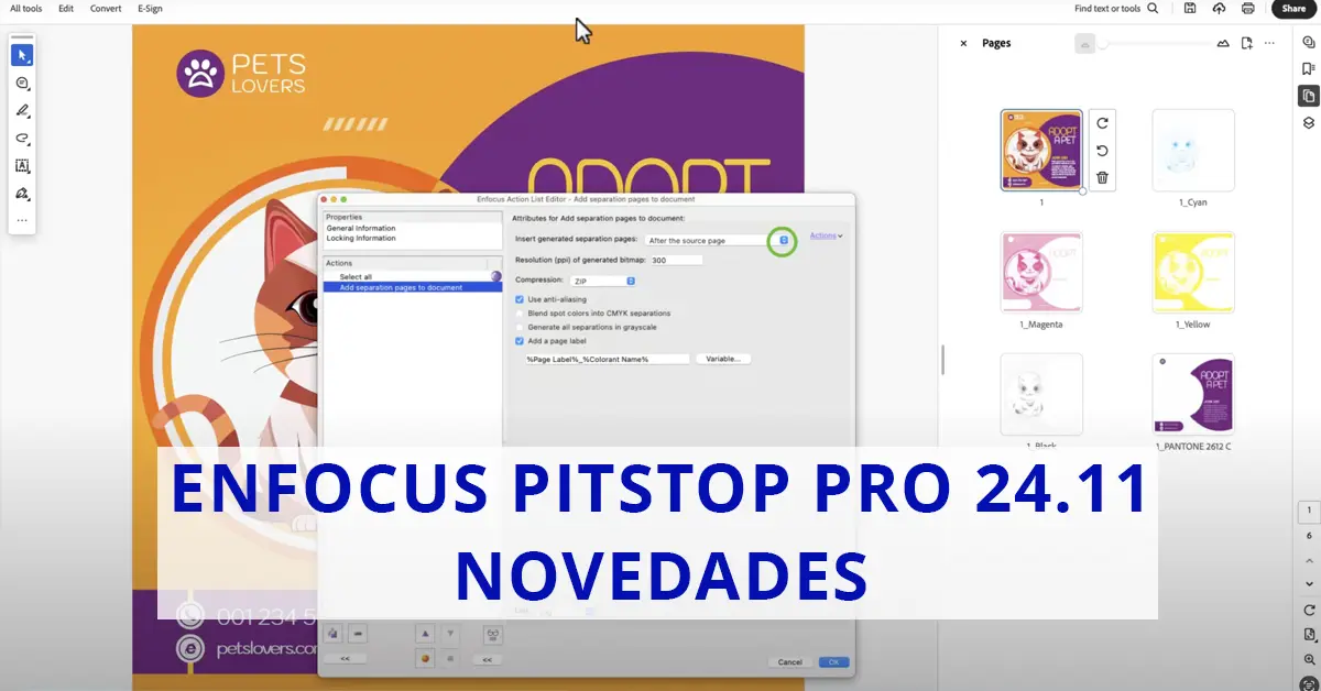 Pantalla de Enfocus PitStop Pro 24.11 mostrando opciones de separación de colores en PDF