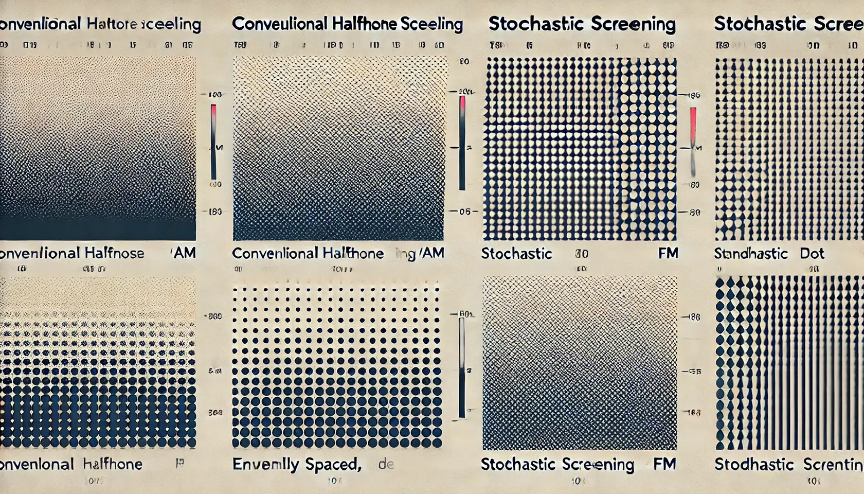 Imagen comparativa en formato apaisado que muestra las diferencias entre el tramado convencional (AM) y el tramado estocástico (FM) en impresión, destacando los detalles de cada técnica.