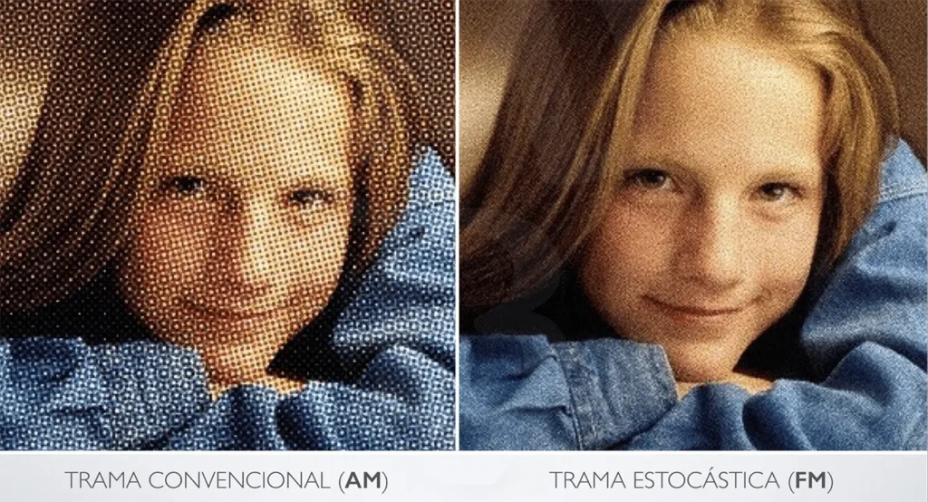 Comparación visual entre tramado convencional (AM) y tramado estocástico (FM) en impresión gráfica, mostrando diferencias en la calidad de imagen.