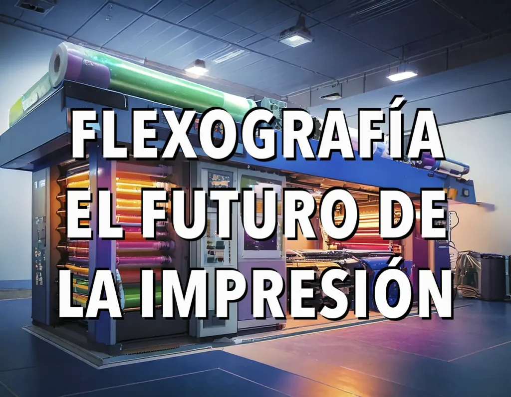 Máquina de impresión flexográfica con bobinas de papel y tintas ecológicas, reflejando el futuro sostenible de la industria gráfica