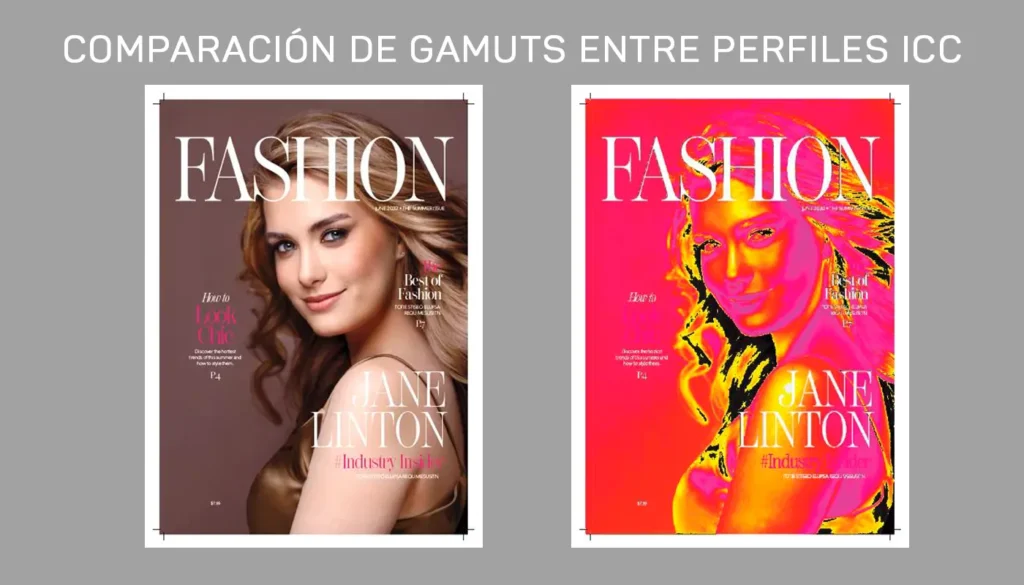 Comparación de gamuts entre perfiles ICC en Enfocus PitStop 25 mostrando diferencias de color en la portada de una revista
