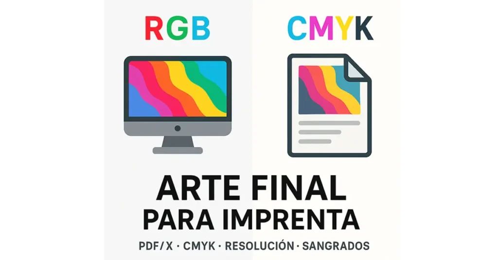 Imagen destacada con diseño RGB versus impresión CMYK para explicar el arte final en imprenta