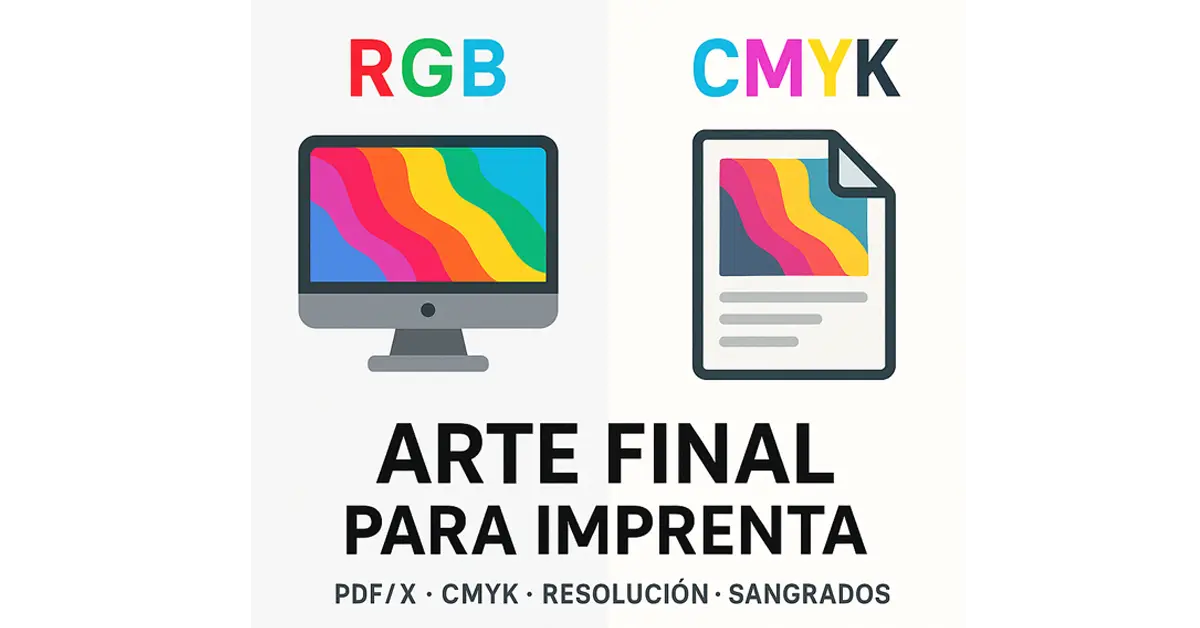 Imagen destacada con diseño RGB versus impresión CMYK para explicar el arte final en imprenta