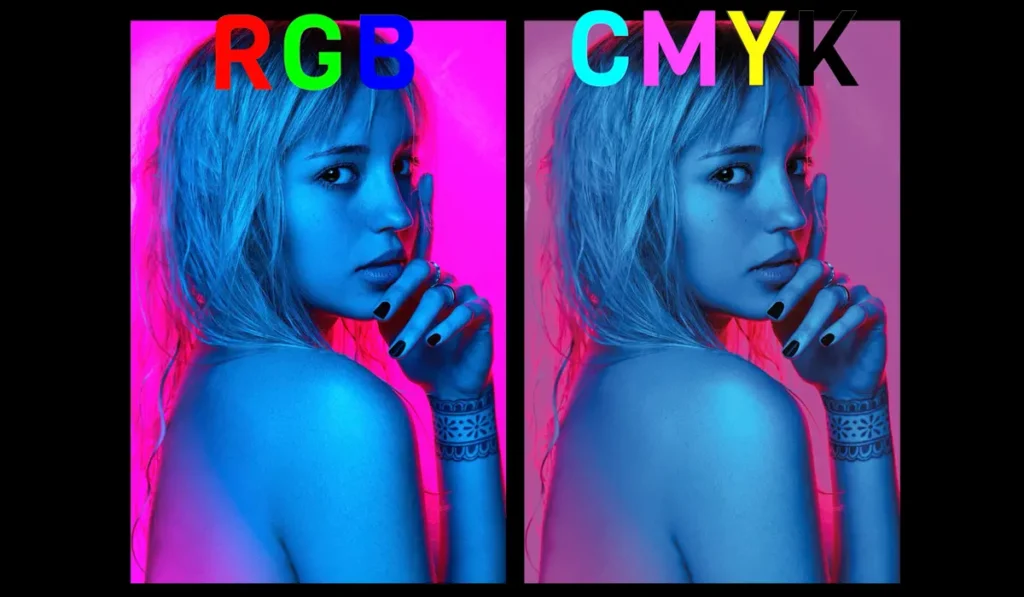 Comparativa visual del mismo diseño en RGB y CMYK usada para explicar el arte final en imprenta